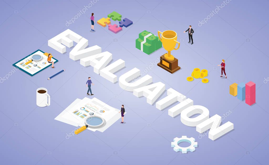 business evaluation concept with team people analysis data graph and financial report with isometric modern flat style - vector
