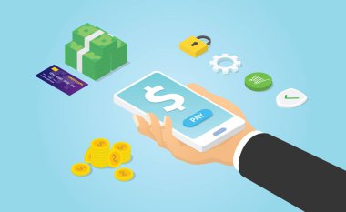 Mobil ödeme ile el ele tutuşan akıllı telefon ve modern izometrik biçimli para simgesi kullan - vektör