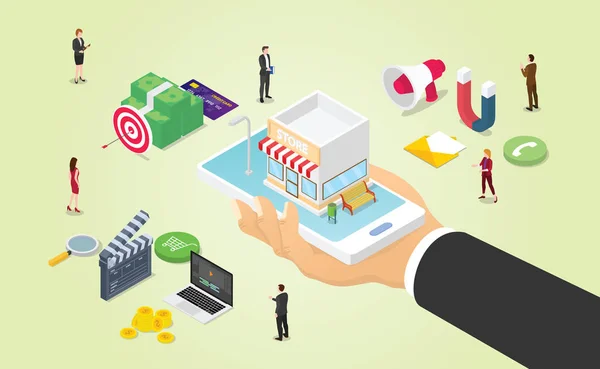 Video para bütçesi gibi çeşitli medya araçlarıyla omnichannel ticari pazarlama ve takım çalışanları modern izometrik tarzda çalışıyorlar - vektör