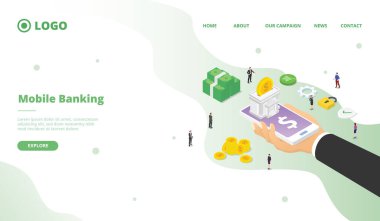Web sitesi için mobil bankacılık kampanyası ana sayfa iniş şablonu izometrik 3d modern düz biçim vektörü.