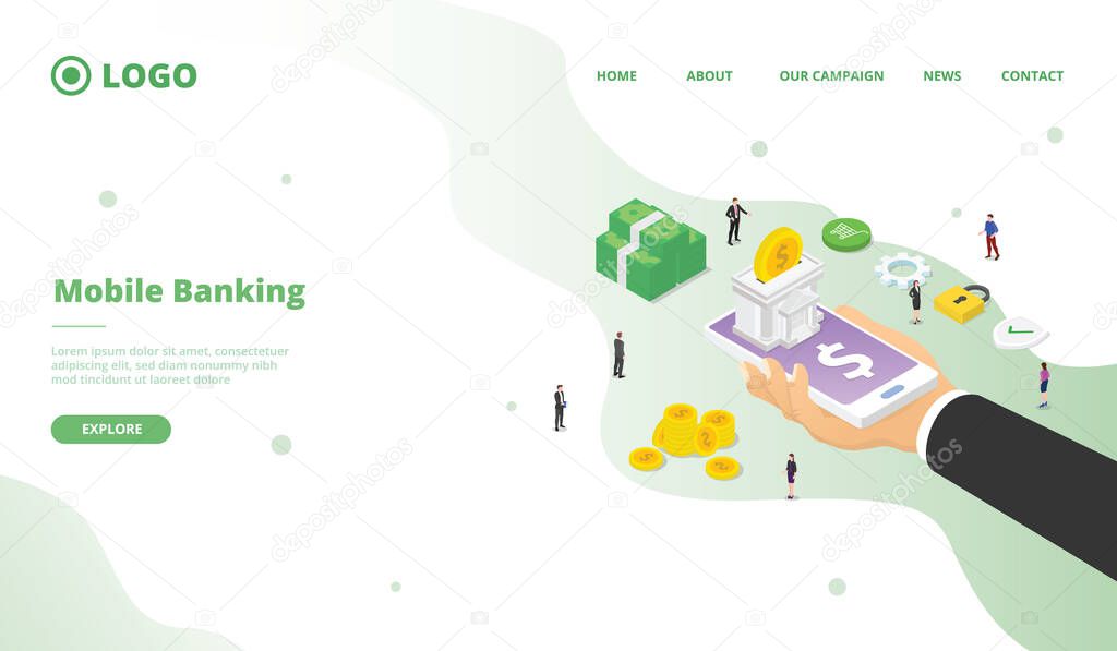 Mobile banking campaign for web website home homepage landing page template banner isometric 3d design modern flat style vector.