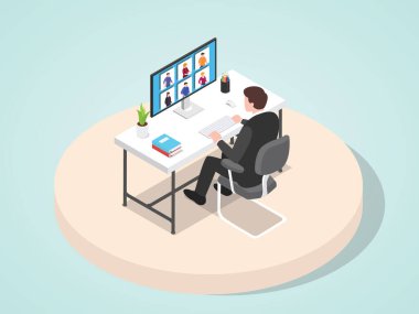 Yönetici öncü toplantı çalışması video konferansı düz çizgi film stili illüstrasyon yoluyla personelini sunar