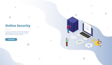 Web sitesi şablonu için çevrimiçi hesap kişisel güvenlik kampanyası izometrik düz biçim vektör tasarımı ile ana sayfaya iniyor