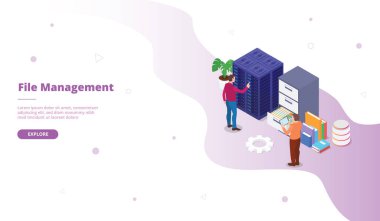 Web sitesi şablonu için dosya yönetimi kampanyası izometrik düz biçim vektör tasarımı ile ana sayfaya iniyor