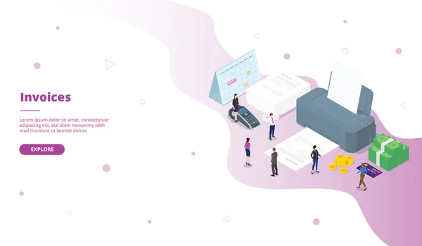 Rechnungen Menschen stehen vor großen Drucker Maschine Kampagne für Web-Website Startseite Landung Vorlage Banner mit Isometrie isometrische 3D-Cartoon flachen Stil — Stockvektor
