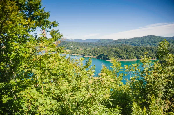 Nature landscape with wooded canyon, river and clear blue sky.