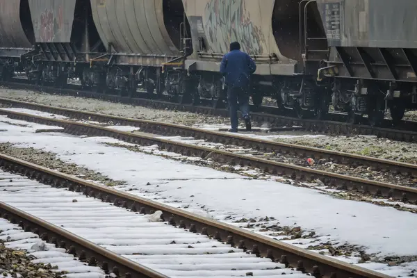 Slavonski Brod, Hırvatistan 1/31/2019: sisli gün ile kar kaplı Tren İstasyonu