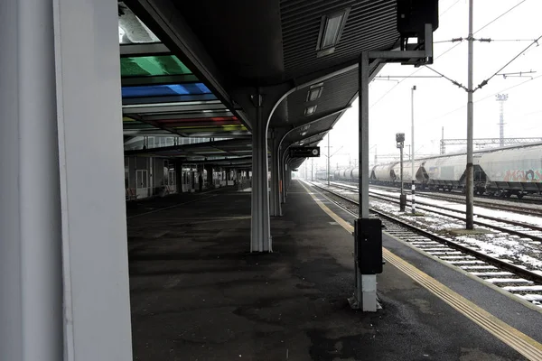 Slavonski Brod, Hırvatistan 1/31/2019: sisli gün ile kar kaplı Tren İstasyonu