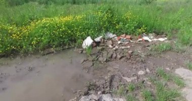 Doğada bir çayır üzerinde inşaat Çöp, yasadışı dökümü.