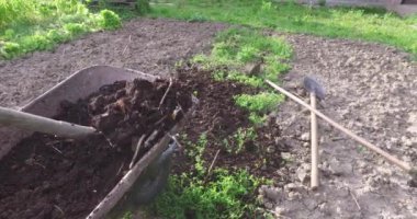 Doğal toprak arıtma ve dikim için arazi hazırlanması için bahçede kompost bölmesi sökülmesi.