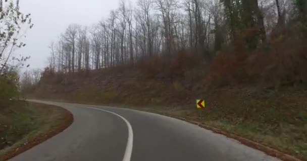 Herbst Auf Kurvenreicher Straße Unterwegs Mit Anzeichen Einer Scharfen Kurve — Stockvideo