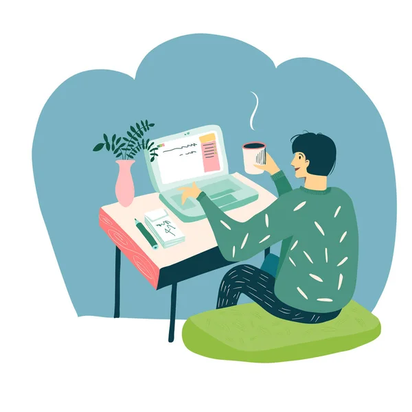 Um homem trabalha num portátil com uma chávena de café. Fique em casa, trabalhe em casa, flores em uma panela, escritório em casa. Ilustração vetorial plana . —  Vetores de Stock