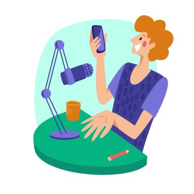 Stüdyo düz vektör illüstrasyonunda podcast. Man podcast kaydediyor. Medya karalama çizimi, el çizimi, evde öğrenme sunuyor..
