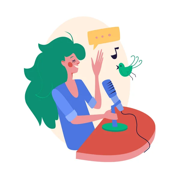 Podcast in studio illustrazione vettoriale piatta. Ragazza record podcast. Media hosting disegno doodle, disegnato a mano, imparare a casa . — Vettoriale Stock