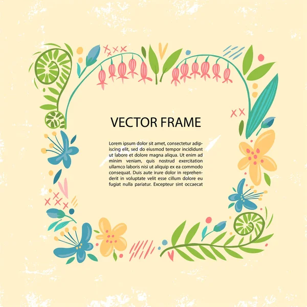 Abstrakter Rahmen mit Blüten und Blättern, Vektormuster. Florale Vintage-Ränder für Text auf rosa Hintergrund. Frühling Urlaub Poster, Hochzeitseinladung, Artikel skandinavischen Stil Design-Idee — Stockvektor