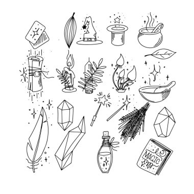 Sihirli vektör ayarlandı. Mor arka planda sihirli nesneler. Sihirli Şapka, Asa, Büyü Kitabı, Efekt ve daha fazlası gibi ikonlar içerir. Vektör illüstrasyonu