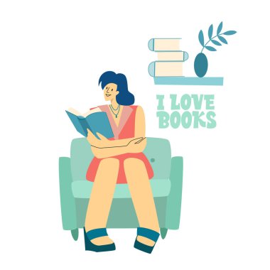 Bir kadın kitap okuyor. Kitaplara bayılırım. Kitap severler, okuyucular, beyaz arka planda izole edilmiş modern edebiyat hayranları. Düz çizgi film vektör çizimi.