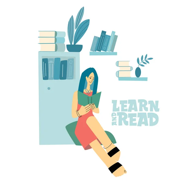 O fată citește o carte. Învață și citește. Set de iubitori de carte, cititori, fani ai literaturii moderne izolați pe fundal alb. Flat desen animat vector ilustrare . — Vector de stoc
