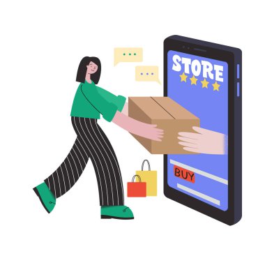 İnternetten alışveriş. Bir kız akıllı telefon kullanarak evden çıkmadan mal satın alır. Konsept vektör çizimi düz tasarım