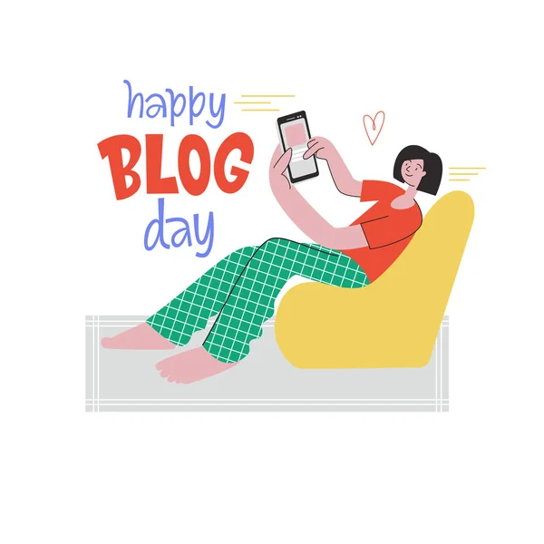Fata blogging. Happy Blog Day. Postare comercială pe blog, copywriting, strategie de marketing de conținut. Ilustrație plat. Fata stă pe un scaun și se uită la telefon . — Vector de stoc