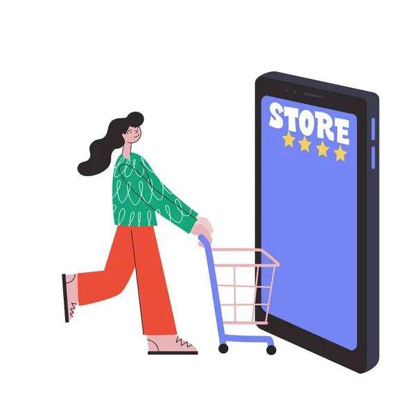 Cumpărături online. O fată cumpără bunuri fără să plece de acasă folosind un smartphone. Concept vector ilustrare design plat — Vector de stoc