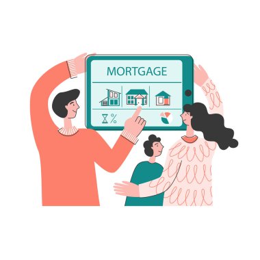 Aile ipotekli bir ev satın alıyor. Çocuklu bir aile tabletten bir ev seçer. Ev kredisi, kira ve ipotek konsepti. Düz Vektör İllüstrasyonu.