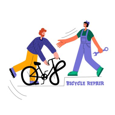 Bisiklet tamiri. Tamirci bisikleti tamir eder, tamirci tekerlekleri şişirir. Adam bozuk bir bisiklet getirdi. Vector Düz Çizim. Web grafikleri, afişler, reklamlar, iş şablonları.