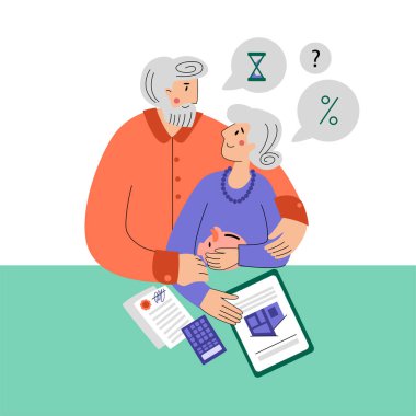Aile ipotekli bir ev satın alıyor. Yaşlı bir çift ev seçer. Ev kredisi, kira ve ipotek konsepti. Düz Vektör İllüstrasyonu.
