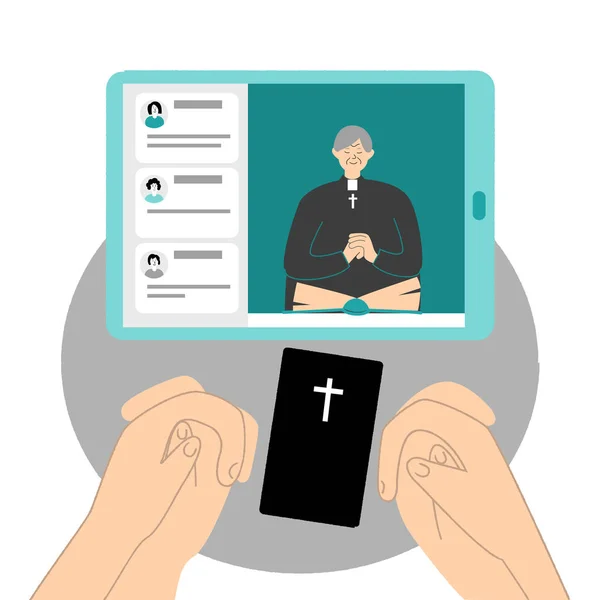 Pastorul conduce servicii bisericești online. Oamenii şi-au îndoit mâinile şi s-au rugat. Concept Church and Liturgy on-line . — Vector de stoc