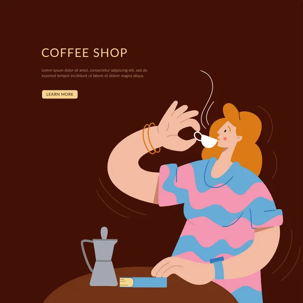 O fată cu o carte bea cafea într-o cafenea. Pagina de destinație mockup pentru cantină, magazin online sau restaurant cafenea. Cafenea magazin site-ul banner șablon, vector plat ilustrare . — Vector de stoc
