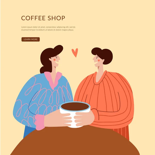Oamenii îndrăgostiți beau cafea dintr-o cană. Pagina de destinație a cafenelei pentru afaceri mici. Pagina de pornire Conceptul de design al site-ului web . — Vector de stoc
