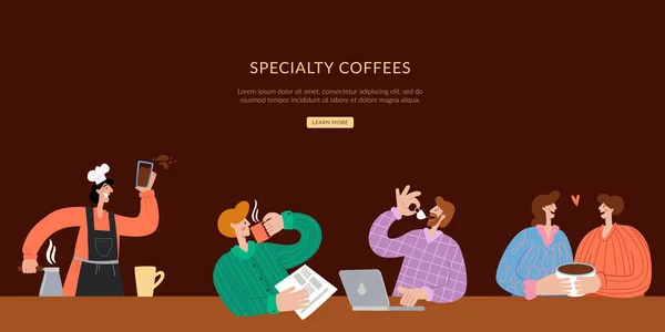 Cafea de specialitate Șablon pagină de destinație. Barista face cafea, iar oamenii stau şi beau cafea. Site-ul maro landing pagina web șablon . — Vector de stoc