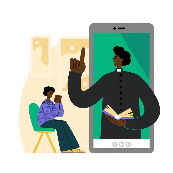 목사는 온라인으로 교회 예배를 사회 한다. 아프리카계 미국인이 스마트폰 앞에서 기도를 합니다. 온라인으로는 Concept Church and Liturgy 가 있다. 인터넷 교회. — 스톡 벡터