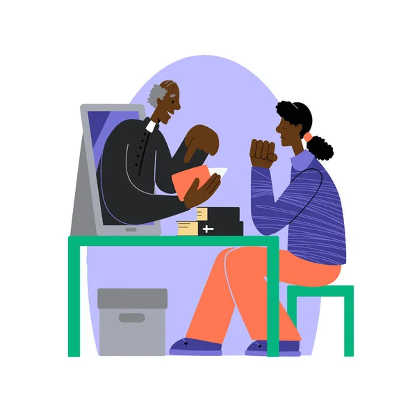 O femeie afro-americană se roagă în fața unei tablete. Pastorul conduce servicii bisericești online. Concept Church and Liturgy on-line. Internet Church . — Vector de stoc