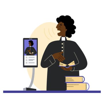 Protestan rahip Afro-Amerikan. Concept Church ve Liturgy online. Papaz, kilise hizmetlerini çevrimiçi yürütüyor. İnternet Kilisesi.