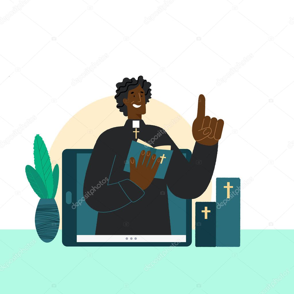 The pastor conducts church services online. Concept Church and Liturgy online. Priest is african american man. Internet Church.