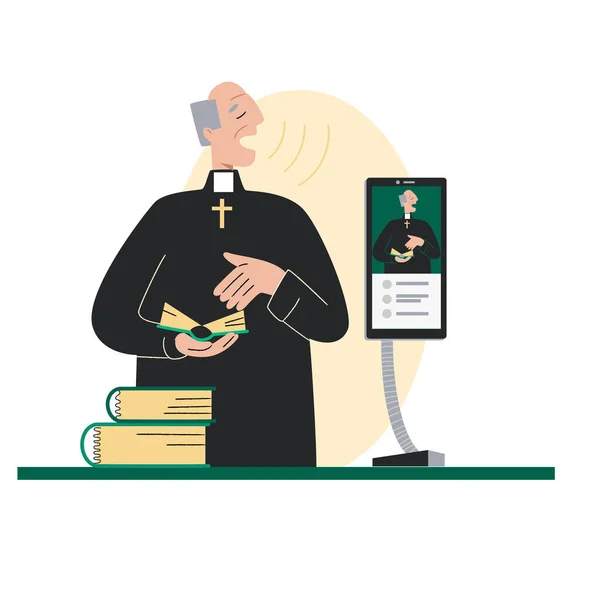 A lelkész az egyházi szertartásokat online végzi. A lelkészt az okostelefonon keresztül sugározzák. Koncepció Egyház és liturgia online. Internet templom. — Stock Vector