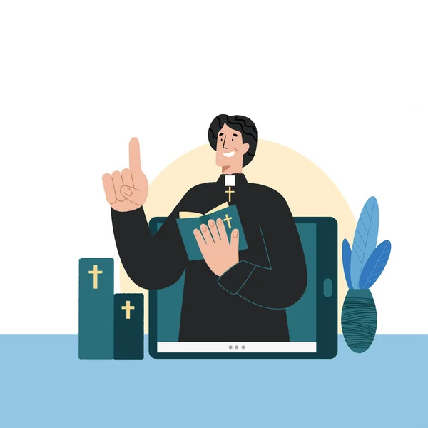 El pastor lleva a cabo servicios de la iglesia en línea. Concepto Iglesia y Liturgia en línea. Iglesia de Internet. — Archivo Imágenes Vectoriales