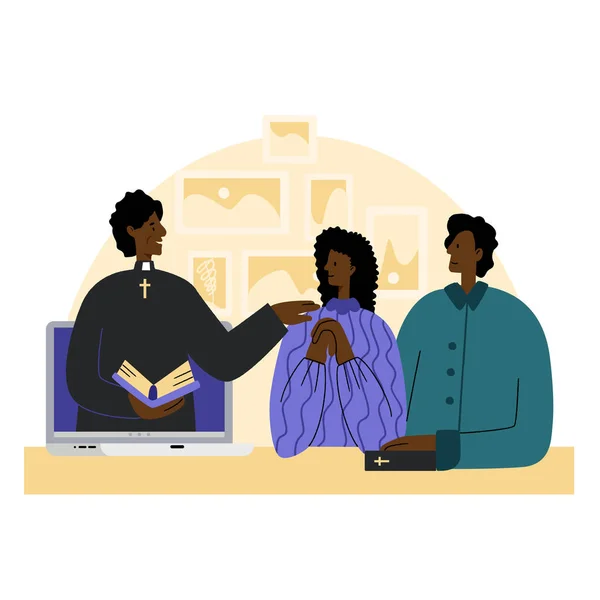 Pastorul conduce servicii bisericești online. Concept Church and Liturgy on-line. Un tânăr afro-american îl ascultă pe preot. Internet Church . — Vector de stoc