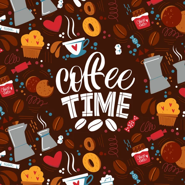 Kahve zamanı. Kafe dekorasyonu ve dükkan reklamı için el yazısıyla yazılmış harfler. Kahveyle ilgili yazı ve arka plandaki şablon.. 
