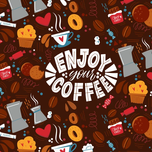 コーヒーをお楽しみください。カフェの装飾やショップ広告のための手書きのレタリングデザイン要素。コーヒーの銘文と背景の模様. — ストックベクタ