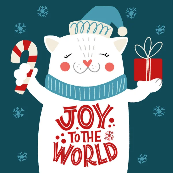 Glädje för världen. Vit katt med en gåva och en inskription på magen. Stor bokstäver för gratulationskort, klistermärken, banderoller, utskrifter. Julkort. God Jul och Gott Nytt År 2021. — Stock vektor