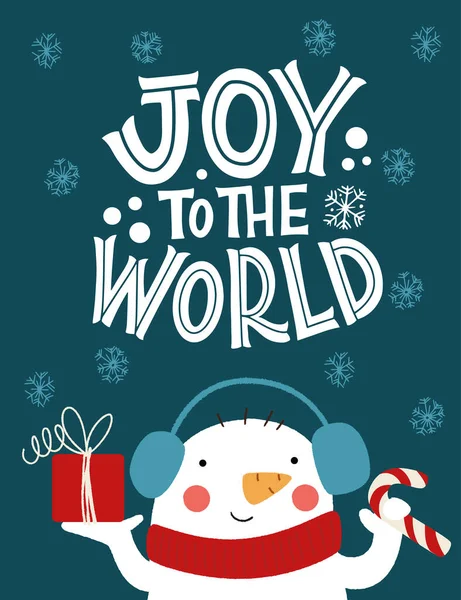 快乐的世界。戴着礼帽的雪人有天赋.贺卡、贴纸、横幅、印刷品和室内装饰的伟大字体。圣诞卡。圣诞快乐，2021年新年快乐. — 图库矢量图片