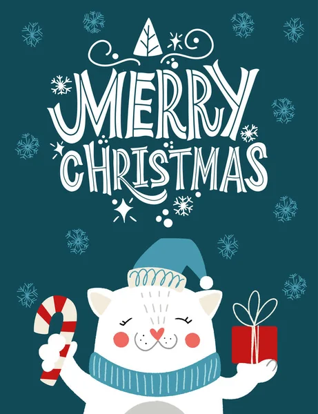 God jul. Vit katt i hatt med en gåva. Stor bokstäver för gratulationskort, klistermärken, banderoller, utskrifter och heminredning. Julkort. Gott nytt år 2021. — Stock vektor