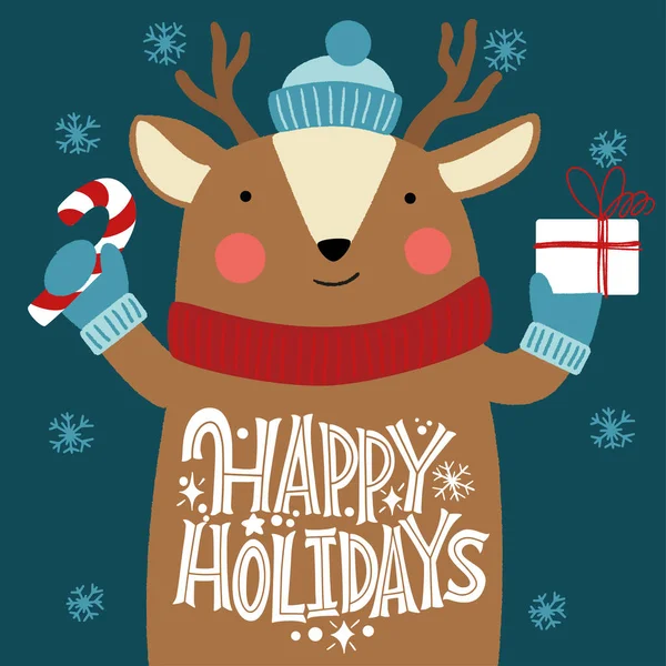Deer in a hat with a gift and an inscription on the belly. Happy Holidays. Great lettering for greeting cards, stickers, banners, prints. Xmas card. Merry Christmas and Happy new year 2021. — Stock Vector