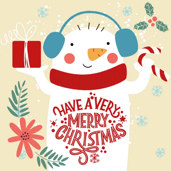 Tenha um Feliz Natal. Boneco de neve com um chapéu com um presente e uma inscrição na barriga. Grandes letras para cartões de felicitações, adesivos, banners, impressões digitais. Cartão de Natal. Feliz ano novo 2021. — Vetor de Stock