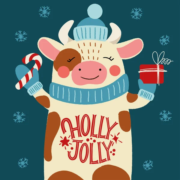 Χόλι Τζόλι. Ταύρος σε καπέλο με δώρο και επιγραφή στην κοιλιά. Μεγάλη επιστολόχαρτα για ευχετήριες κάρτες, αυτοκόλλητα, πανό, εκτυπώσεις και διακόσμηση εσωτερικών χώρων. Χριστουγεννιάτικη κάρτα. Καλά Χριστούγεννα 2021. — Διανυσματικό Αρχείο
