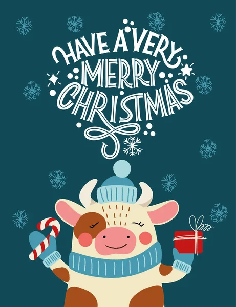 Hodně štěstí, veselé Vánoce. Býk v klobouku s dárkem. Skvělý nápis pro pohlednice, samolepky, transparenty, tisky a domácí výzdobu interiéru. Vánoční přání. Veselé Vánoce a šťastný nový rok 2021 — Stockový vektor
