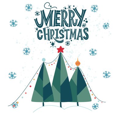 Mutlu noeller. Fenerli üç Noel ağacı. Tebrik kartları, çıkartmalar, afişler, baskılar ve ev dekorasyonu için harika harfler. Xmas kartı. Mutlu yıllar 2021.