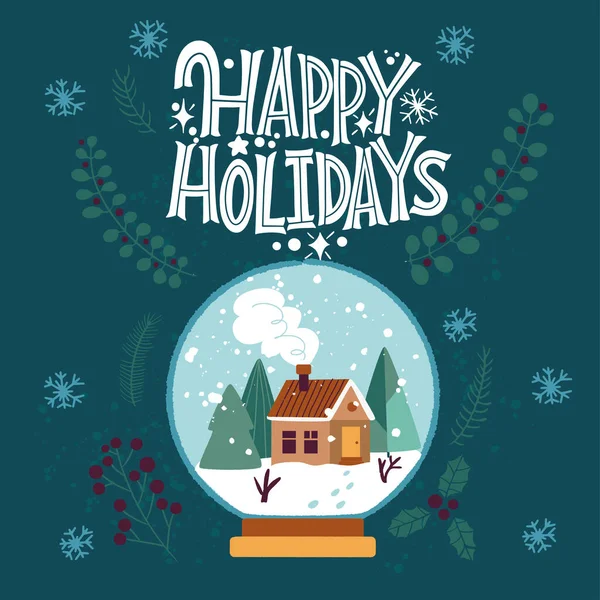 Sărbători fericite. Casă acoperită cu zăpadă şi un pom de Crăciun într-o minge de sticlă. Mare litere pentru felicitări, autocolante, bannere, imprimeuri și decoruri interioare acasă. Felicitări de Crăciun. Crăciun fericit 2021 . — Vector de stoc